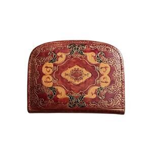 Vintage Italian Tooled Leather Coin Purse Gold Gilt Floral Card Case